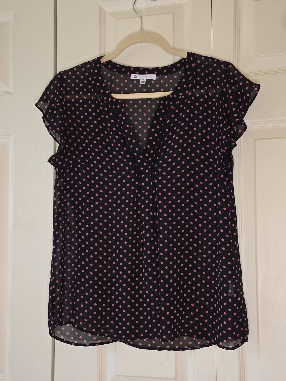 DR2 Black Blouse with Pink Polka Dots and Flutter Sleeves